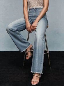 Savoree High Stretch Rhinestone Decorated Straight Cut Frayed Hem Fashion Jeans - Blue - View 5