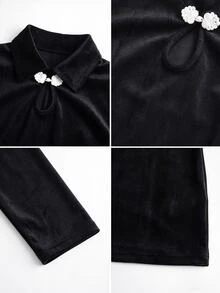 SHEIN ملابس نسائية أنيقة يومية بأكمام طويلة وياقة وأزرار - الأسود - مشاهدة 4