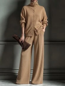 Omancia Women's New Autumn/Winter Solid Color Silver Thread 2 Pieces Set - Apricot - View 3