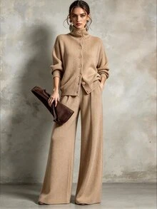 Omancia Women's New Autumn/Winter Solid Color Silver Thread 2 Pieces Set - Apricot - View 1