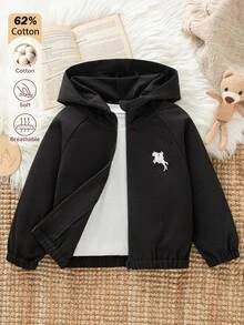 SHEIN 1件男童休閒極簡街頭風連帽長袖外套，時尚設計，適合4-7歲男孩，日常穿著、運動、戶外、開學季 - 黑色 - 查看 2