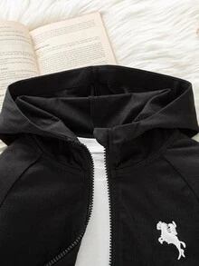 SHEIN 1件男童休閒極簡街頭風連帽長袖外套，時尚設計，適合4-7歲男孩，日常穿著、運動、戶外、開學季 - 黑色 - 查看 6