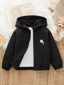 SHEIN 1件男童休閒極簡街頭風連帽長袖外套，時尚設計，適合4-7歲男孩，日常穿著、運動、戶外、開學季 - 黑色 - 查看 9