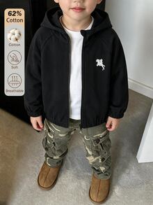 SHEIN 1件男童休閒極簡街頭風連帽長袖外套，時尚設計，適合4-7歲男孩，日常穿著、運動、戶外、開學季 - 黑色 - 查看 4