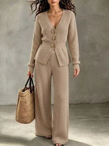 SHEIN Women New Autumn Camel Knit TwoPiece Set. Vneck Cardigan With Metal Buttons Features Waistcinching Slim Fit, Paired With Simple Casual Everyday Travel - Khaki - View 8