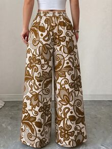 Elenzga 女款春夏優雅街頭風度假通勤印花拼接A字長褲 - 彩色 - 查看 2