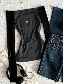 IslaSuriya Contrast Color Fashion Minimalist Women's Square Neck Long Sleeve T-Shirt, Gift For Friends - Black - View 2