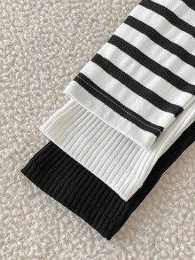 SHEIN Tween Girls 3pcs Casual Striped Black White Rib-Knit Polo Neck Long Sleeve T-Shirt Tops For Fall - Multicolor - View 6