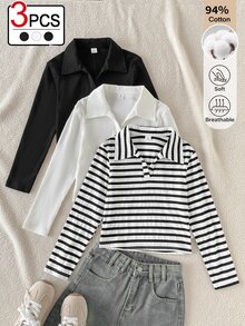 SHEIN Tween Girls 3pcs Casual Striped Black White Rib-Knit Polo Neck Long Sleeve T-Shirt Tops For Fall - Multicolor - View 4