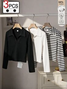 SHEIN Tween Girls 3pcs Casual Striped Black White Rib-Knit Polo Neck Long Sleeve T-Shirt Tops For Fall - Multicolor - View 2