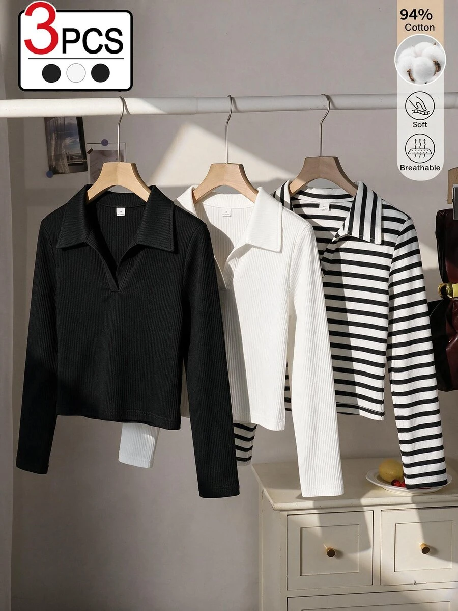 SHEIN Tween Girls 3pcs Casual Striped Black White Rib-Knit Polo Neck Long Sleeve T-Shirt Tops For Fall