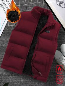 Manfinity Homme 男士寬鬆版型字母拼接加厚保暖內襯填充背心外套，黑色背心馬甲，秋冬外著，羽絨服 - 酒紅色 - 查看 3