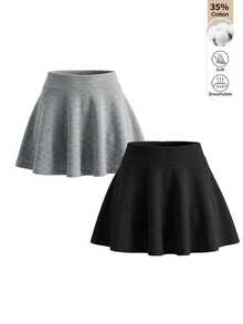 SHEIN 女童 2 件組秋冬滑板裙，黑色與灰色純色高腰針織喇叭迷你裙，柔軟透氣棉混紡青少年女孩休閒校園裙 - 彩色 - 查看 1