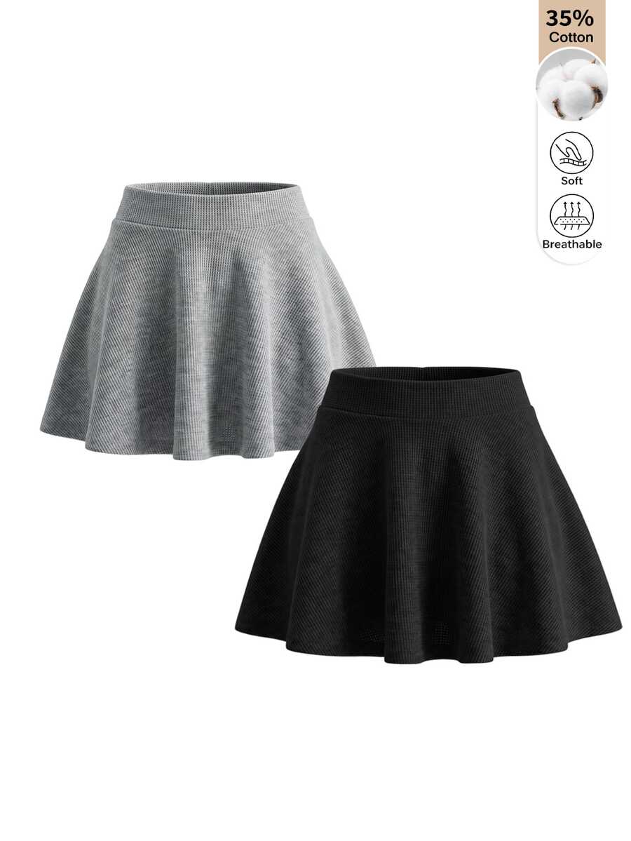 SHEIN 女童 2 件組秋冬滑板裙,黑色與灰色純色高腰針織喇叭迷你裙,柔軟透氣棉混紡青少年女孩休閒校園裙 - 彩色 - 查看 1