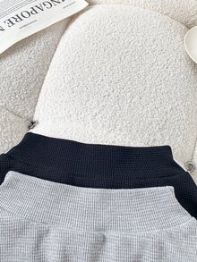 SHEIN 女童 2 件組秋冬滑板裙，黑色與灰色純色高腰針織喇叭迷你裙，柔軟透氣棉混紡青少年女孩休閒校園裙 - 彩色 - 查看 5