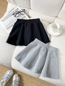 SHEIN 女童 2 件組秋冬滑板裙，黑色與灰色純色高腰針織喇叭迷你裙，柔軟透氣棉混紡青少年女孩休閒校園裙 - 彩色 - 查看 3