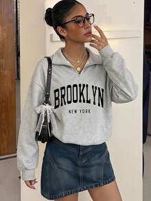 SHEIN Teen Girls Clothes Baggy Streetwear Striped Zipper Sweatshirt Knit Loose Floral Crop Fall Sixth Form Gray Grey Graduation - Grey - View 7