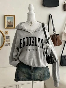 SHEIN Teen Girls Clothes Baggy Streetwear Striped Zipper Sweatshirt Knit Loose Floral Crop Fall Sixth Form Gray Grey Graduation - Grey - View 3