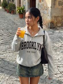 SHEIN Teen Girls Clothes Baggy Streetwear Striped Zipper Sweatshirt Knit Loose Floral Crop Fall Sixth Form Gray Grey Graduation - Grey - View 8