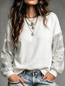 SHEIN Women's Autumn/Winter Dual-Material Solid Color Sequin Sleeve Round Neck Loose Fit Party Nightclub Glamorous Y2K Style Pullover Sweatshirt - White - View 3