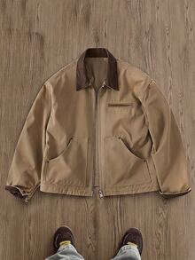 SWAVVY Men's Casual Fashion Spring/Autumn Colorblock Lapel Jacket - Khaki - View 1