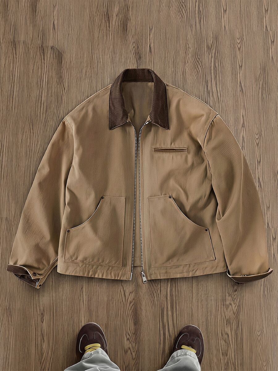 SWAVVY Men's Casual Fashion Spring/Autumn Colorblock Lapel Jacket - Khaki - View 1