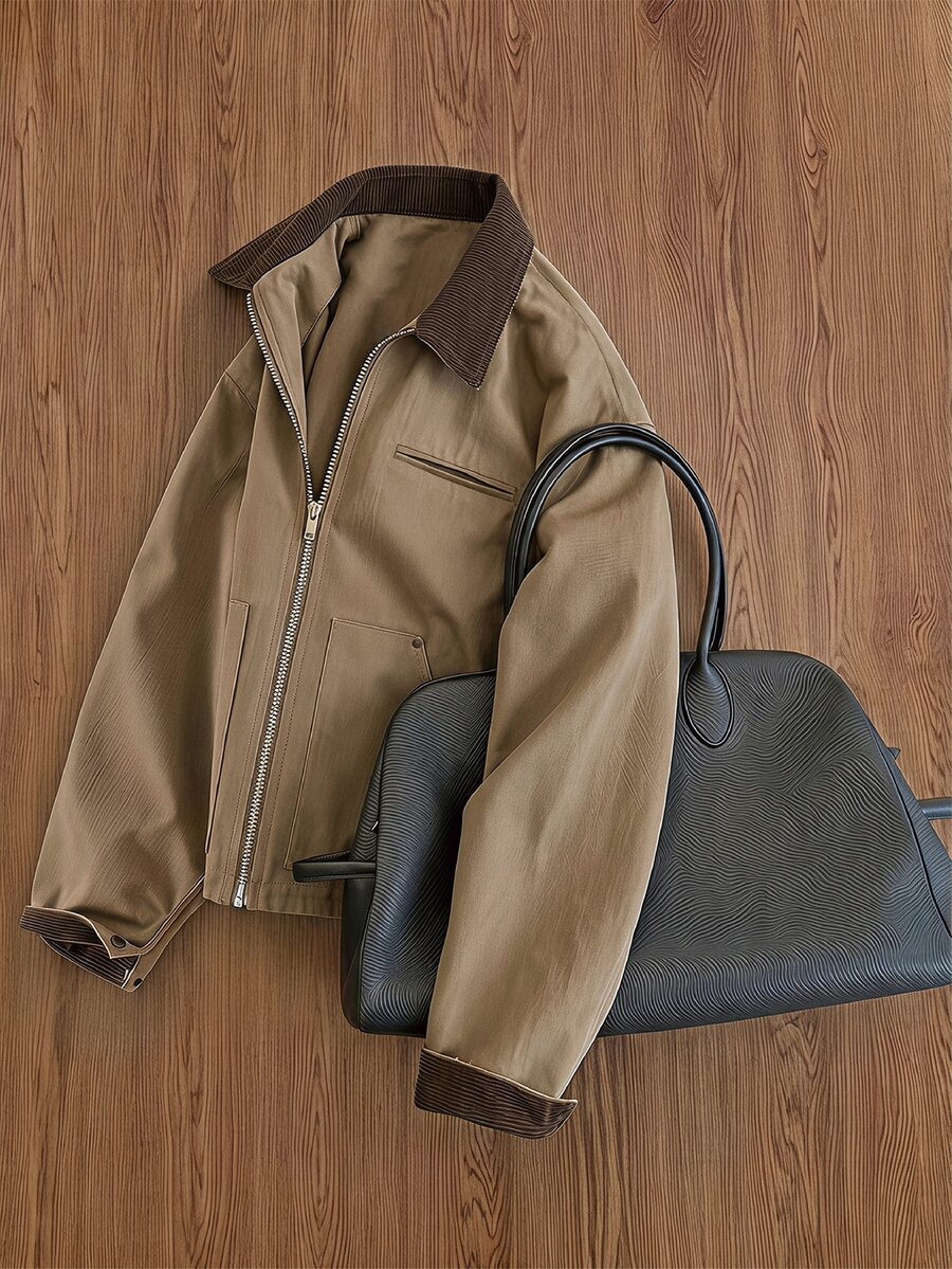 SWAVVY Men's Casual Fashion Spring/Autumn Colorblock Lapel Jacket - Khaki - View 1