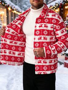 Manfinity CasualCool Men's Christmas Reindeer And Snowflake Pattern Single-Breasted Jacket - Red - View 3