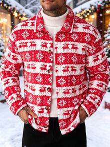 Manfinity CasualCool Men's Christmas Reindeer And Snowflake Pattern Single-Breasted Jacket - Red - View 1