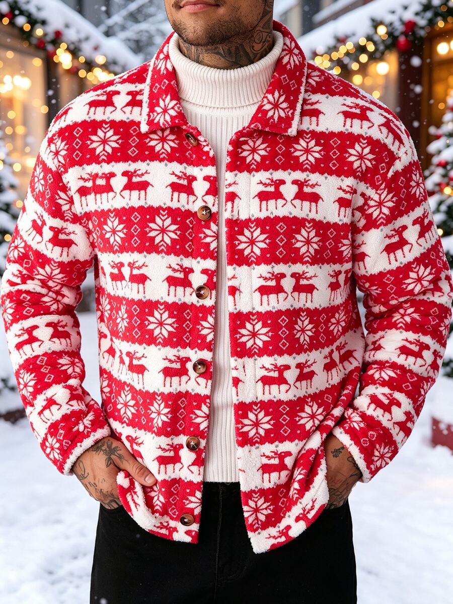 Manfinity CasualCool Men's Christmas Reindeer And Snowflake Pattern Single-Breasted Jacket - Red - View 1