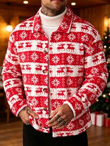 Manfinity CasualCool Men's Christmas Reindeer And Snowflake Pattern Single-Breasted Jacket - Red - View 4