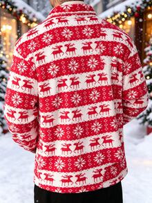Manfinity CasualCool Men's Christmas Reindeer And Snowflake Pattern Single-Breasted Jacket - Red - View 2