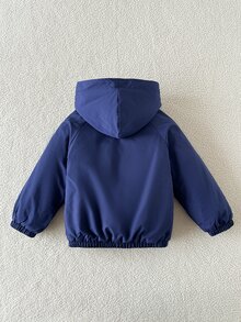 SHEIN 男童一件式加厚抓絨內裡海軍藍字母印花時尚街頭復古休閒極簡連帽長袖拉鍊夾克，適合4-7歲男孩冬季日常穿著，適用運動、外出及開學季等多種場合 - 藏蓝色 - 查看 3