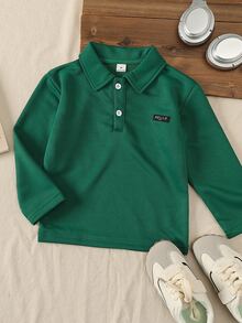 SHEIN 1件小男孩字母拼接半開領長袖T恤，單件，秋冬季 - 綠色 - 查看 8