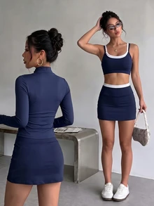 CourtClass Women's Summer Sports Set, Navy Blue Long Sleeve Full Zip Up Sports Jacket, Contrast Color Sports Bra, A-Line Sports Skirt, Tennis Workout Modest - Multicolor - View 2