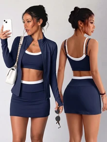 CourtClass Women's Summer Sports Set, Navy Blue Long Sleeve Full Zip Up Sports Jacket, Contrast Color Sports Bra, A-Line Sports Skirt, Tennis Workout Modest - Multicolor - View 1