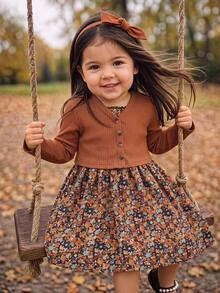 SHEIN Babygirl Cute Ditsy Floral Spaghetti Strap Dress & Knit Brown Cardigan Set - Red - View 1