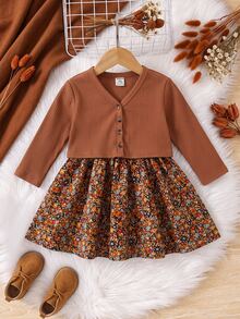 SHEIN Babygirl Cute Ditsy Floral Spaghetti Strap Dress & Knit Brown Cardigan Set - Red - View 5