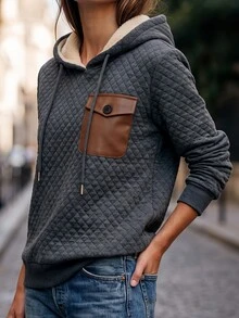 SHEIN Women's Autumn/Winter Hooded Drawstring Cuff Leather Patch Pocket Regular Length Casual Retro Loose Fit Sweatshirt - Dark Grey - View 7