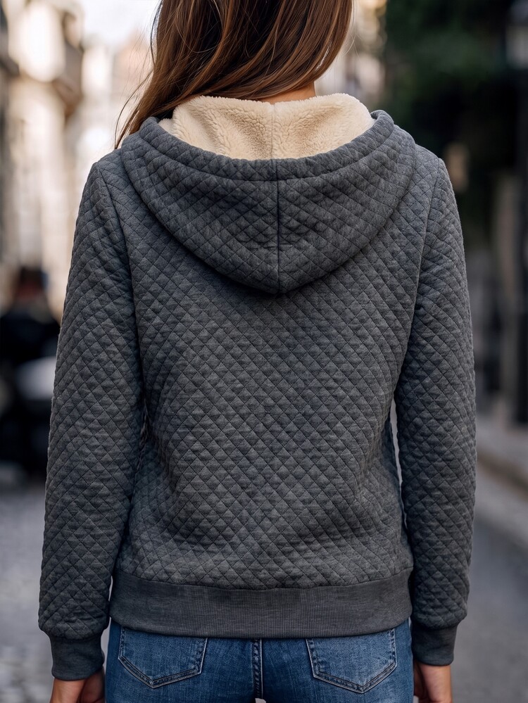 SHEIN Women's Autumn/Winter Hooded Drawstring Cuff Leather Patch Pocket Regular Length Casual Retro Loose Fit Sweatshirt - Dark Grey - View 2
