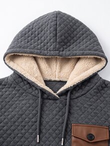 SHEIN Women's Autumn/Winter Hooded Drawstring Cuff Leather Patch Pocket Regular Length Casual Retro Loose Fit Sweatshirt - Dark Grey - View 4