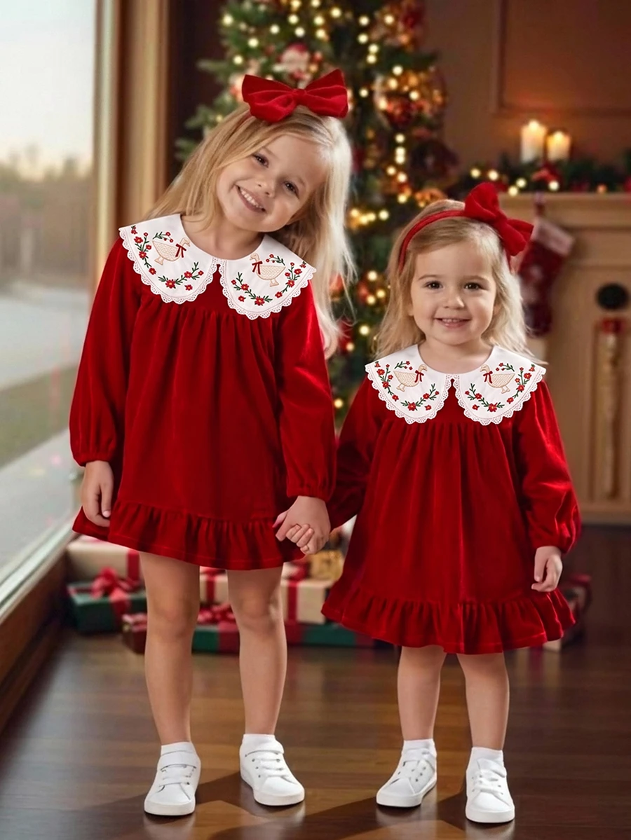SHEIN Baby Girl Floral Embroidery Peter Pan Collar Long Sleeve Ruffle Hem Cute Dress - Red - View 1