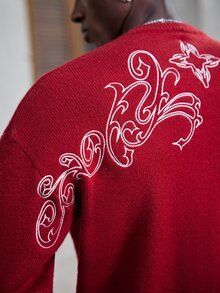 Mainfolk 男士圓領套頭衫 寬鬆版型 印花風格 休閒日常穿著 - 紅色 - 查看 6