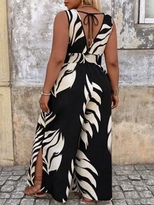 SHEIN CURVE+ 春夏秋度假風休閒黑色大尺碼連身褲 - 黑色 - 查看 2