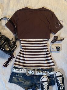 Sundraya Women's 2000s Slim Fit Retro Color Block Striped Dark Brown Brown Striped Y2K 2 In 1 Short-Sleeve T-Shirt, Chocolate Hues Bookish Charm Casual - Multicolor - View 2