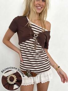 Sundraya Women's 2000s Slim Fit Retro Color Block Striped Dark Brown Brown Striped Y2K 2 In 1 Short-Sleeve T-Shirt, Chocolate Hues Bookish Charm Casual - Multicolor - View 1