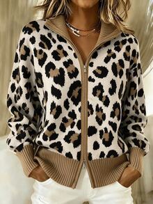 SHEIN Women Leopard Print Zip Up Knit Cardigan, Stand Collar Long Sleeve Contrast Rib Trim Loose Jacket - Multicolor - View 1
