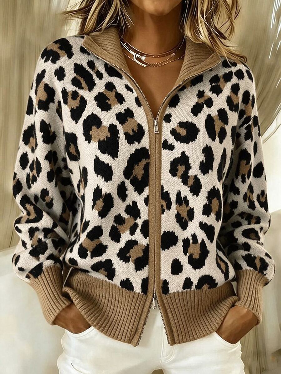 SHEIN Women Leopard Print Zip Up Knit Cardigan, Stand Collar Long Sleeve Contrast Rib Trim Loose Jacket - Multicolor - View 1