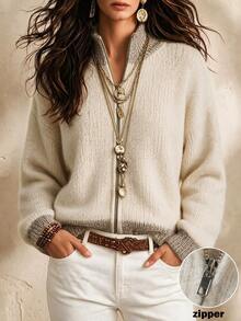SHEIN Heather Beige Zip Up Knit Cardigan, Contrast Turtleneck Long Sleeve Sweater - Apricot - View 3