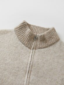SHEIN Heather Beige Zip Up Knit Cardigan, Contrast Turtleneck Long Sleeve Sweater - Apricot - View 7